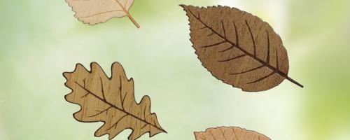 Set mit dekorativen Holzblättern, hergestellt mit Laserschneiden